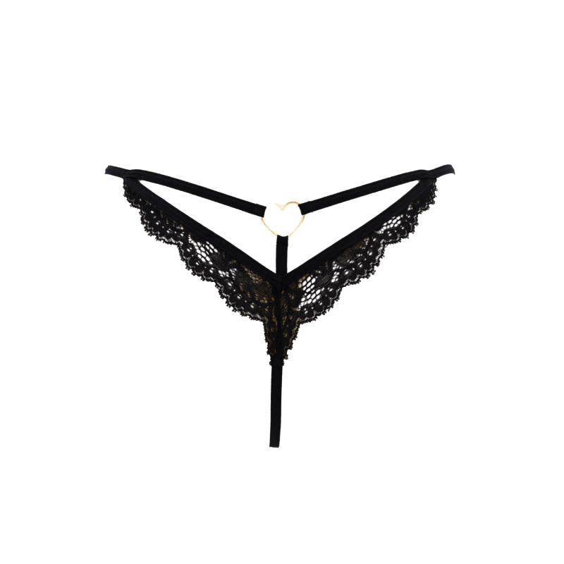 String noir en dentelle avec bijou cœur doré