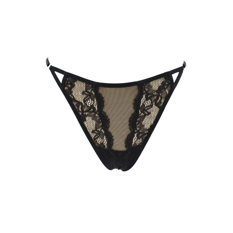Tanga noir en dentelle avec bijou losanges dorés