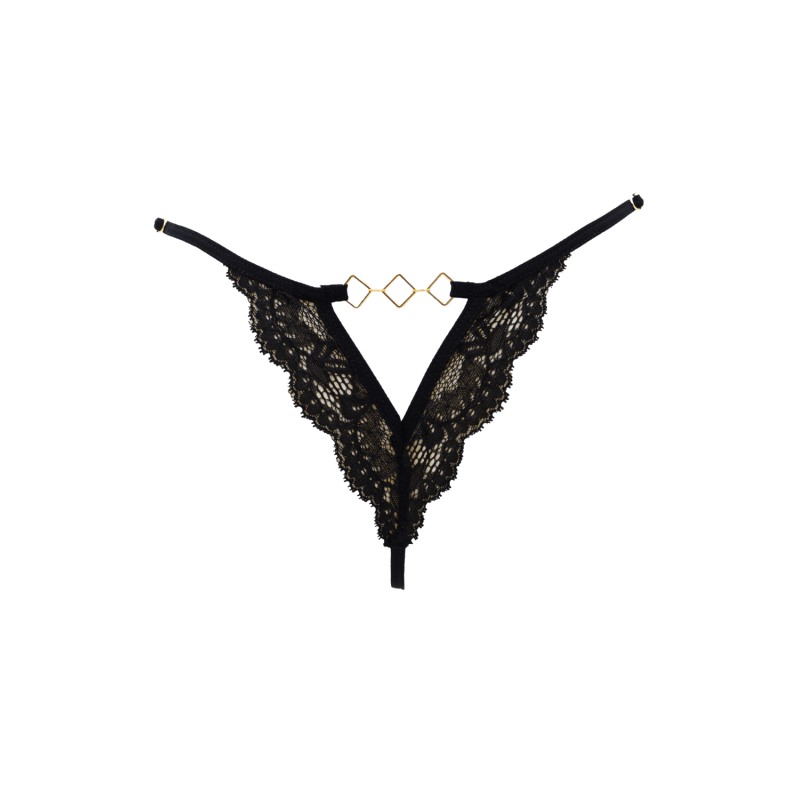 Tanga noir en dentelle avec bijou losanges dorés