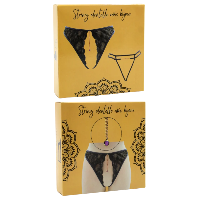 String gris avec bijou couleur aléatoire et chaîne dorée