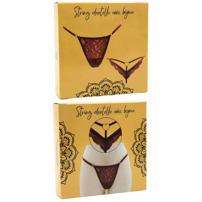 String taupe en dentelle avec bijou cœur doré