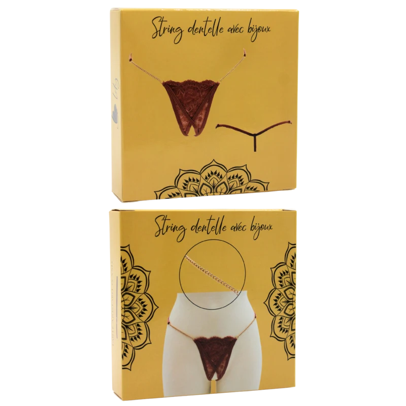 String en dentelle taupe ouvert avec chaînes dorées