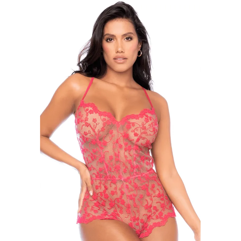 Combishort en dentelle transparente couleur cerise