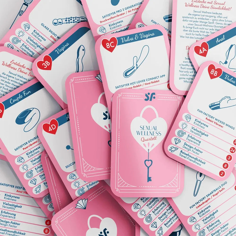 Cartes de jeu bien-être intime, illustrations et informations sur produits érotiques innovants.