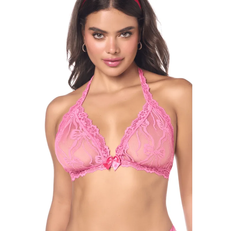 Ensemble sexy 2 pièces rose en dentelle délicate avec haut et string assorti