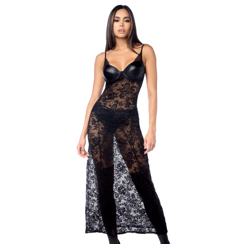 Robe longue sexy en dentelle & cuir avec string et porte-jarretelles
