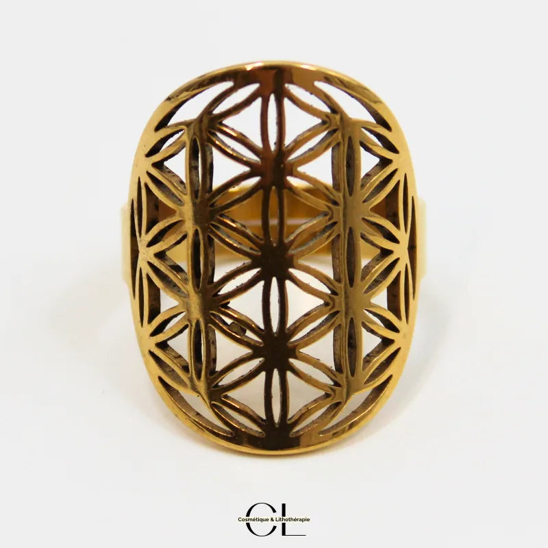 Bague Fleur de vie en acier inoxydable avec plaquage or