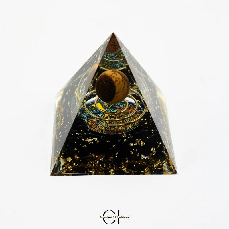 Orgonite pyramide Oeil de Tigre et Obsidienne Noire Arbre de Vie Spirale