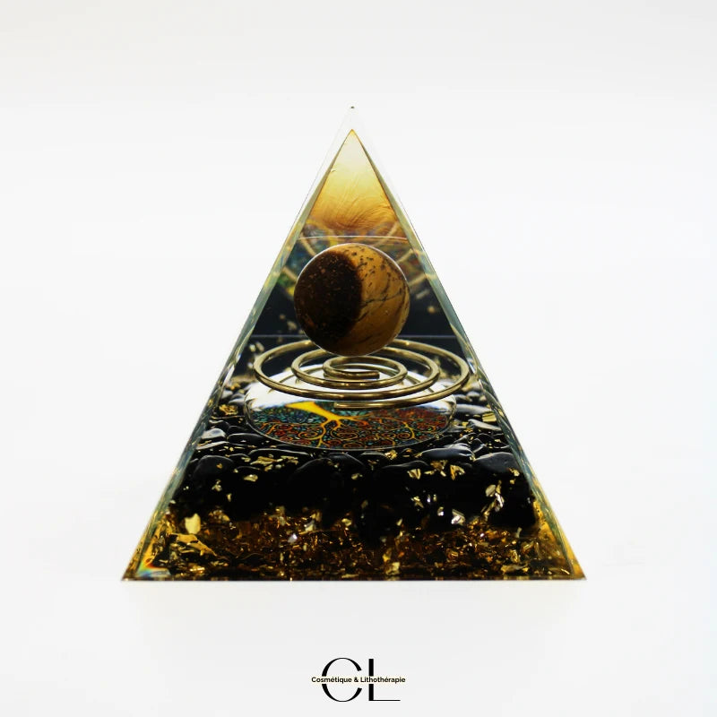 Orgonite pyramide Oeil de Tigre et Obsidienne Noire Arbre de Vie Spirale