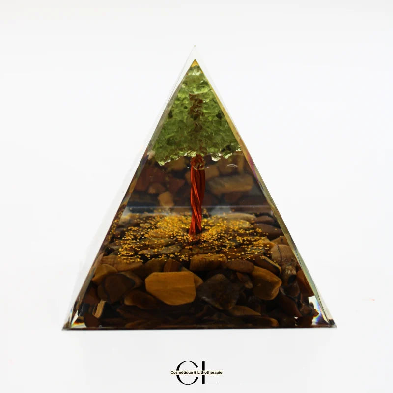 Orgonite pyramide Oeil de Tigre Péridot Arbre de Vie