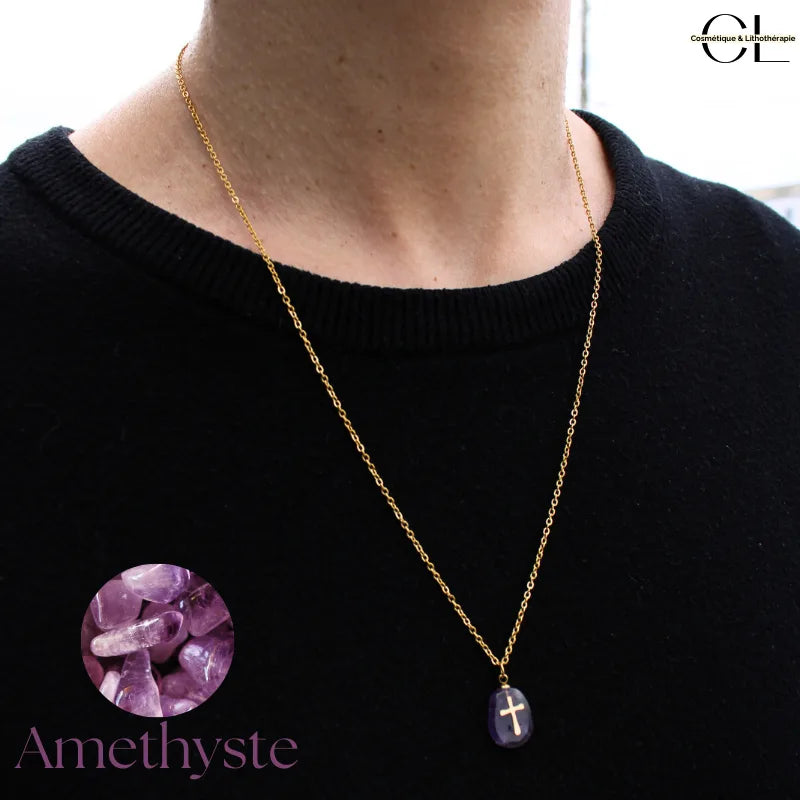 Collier chaine en acier inoxydable doré avec pierre Améthyste A et Croix