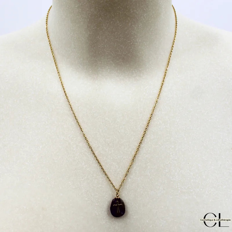 Collier chaine en acier inoxydable doré avec pierre Améthyste A et Croix