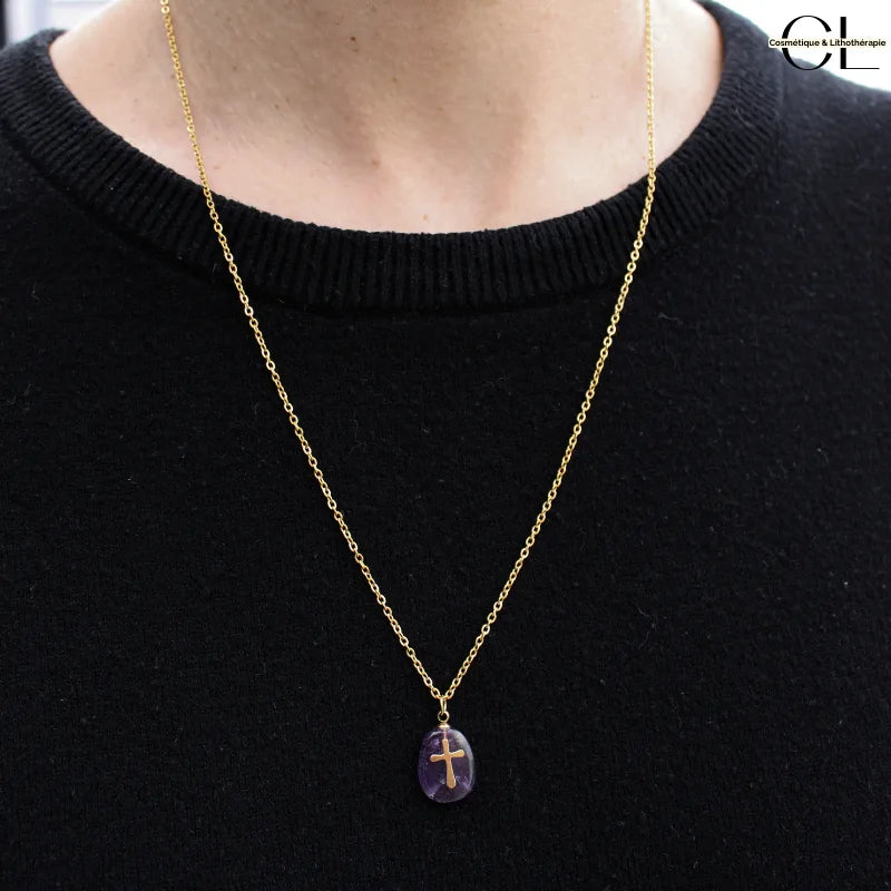 Collier chaine en acier inoxydable doré avec pierre Améthyste A et Croix