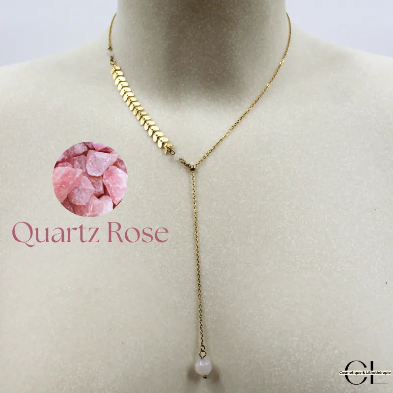 Collier chaine plume doré en forme Y en acier inoxydable avec pierre Quartz Rose A 8mm