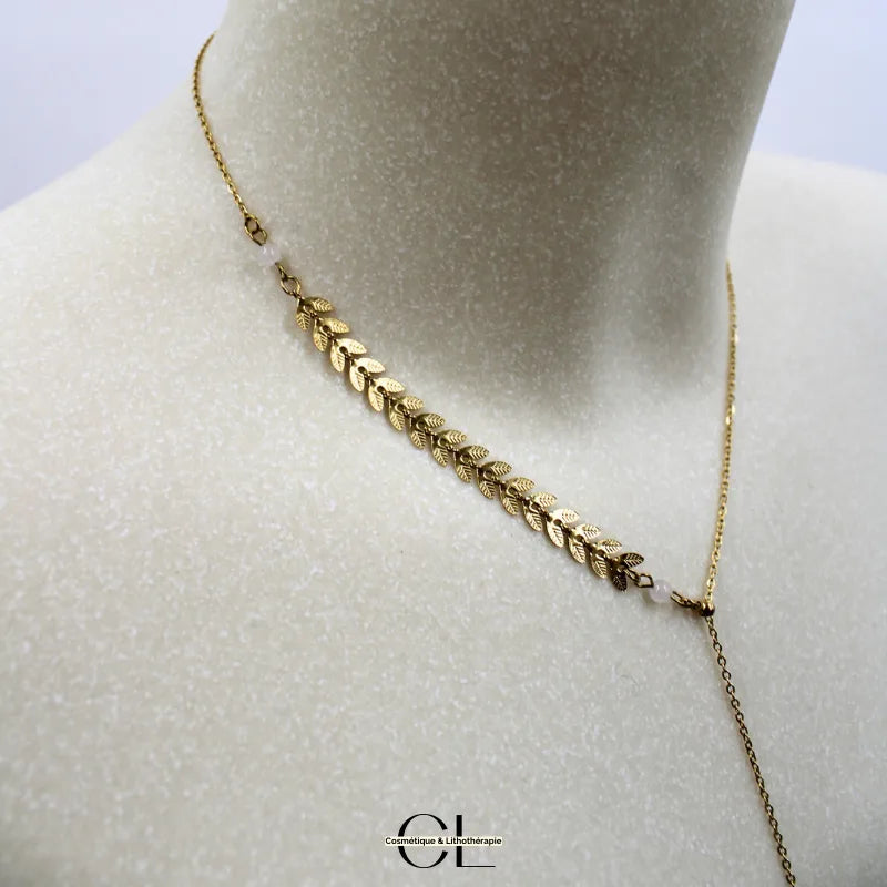 Collier chaine plume doré en forme Y en acier inoxydable avec pierre Quartz Rose A 8mm