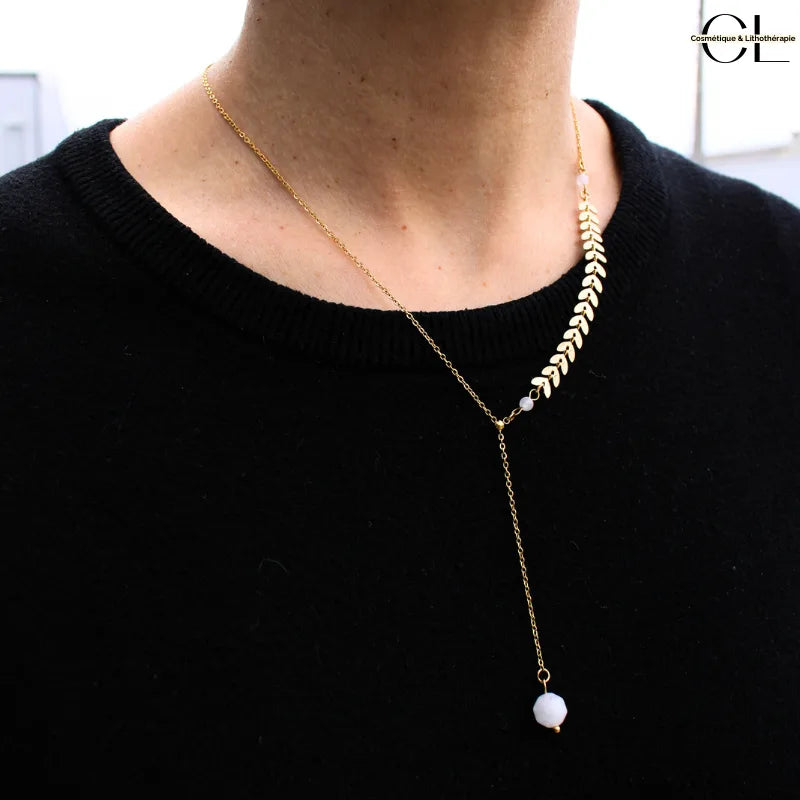 Collier chaine plume doré en forme Y en acier inoxydable avec pierre Quartz Rose A 8mm