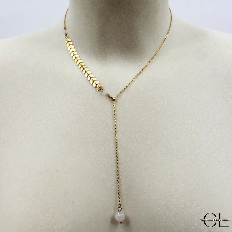 Collier chaine plume doré en forme Y en acier inoxydable avec pierre Quartz Rose A 8mm