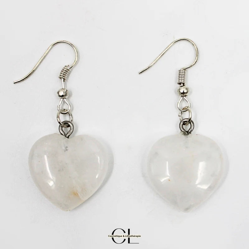 Boucles d'oreilles avec pierre Cristal de Roche AB en forme de coeur 20mm