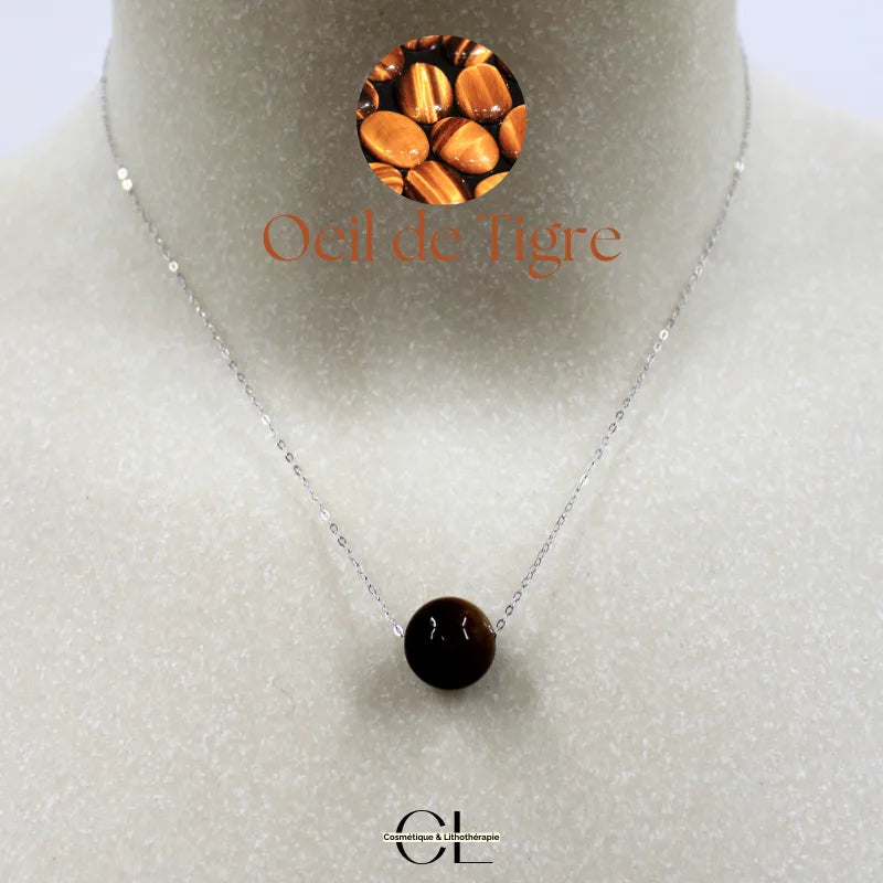 Collier en argent 925 avec pierre Oeil de Tigre AA boule 12mm