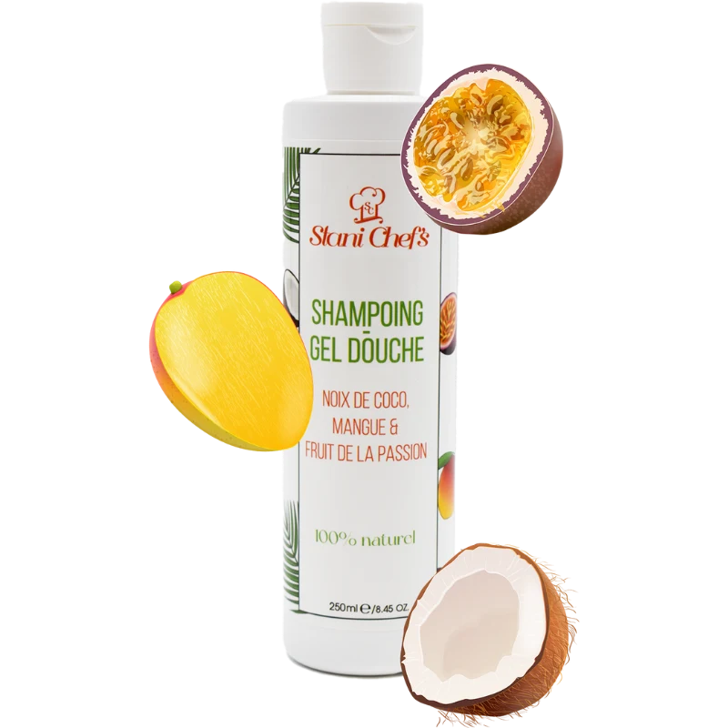 2en 1Gel douche corps et shampoing à la noix de coco, mangue fruit de la passion - 250ml 100% naturel