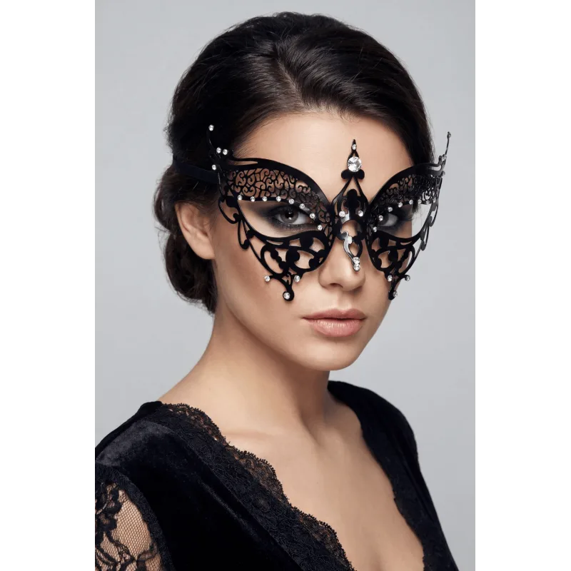 Masque vénitien Alida rigide noir avec strass