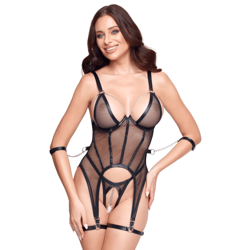 Ensemble Porte-Jarretelles & String Ouvert Résille Noir - Cottelli