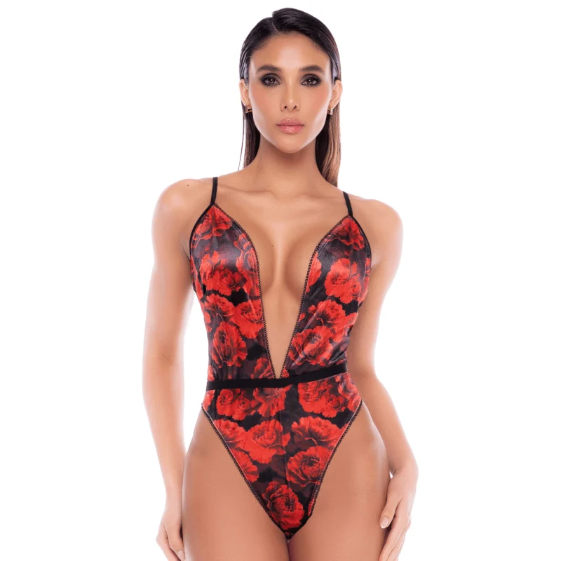 Body noir et rouge en résille transparente avec imprimé et décolleté plongeant - Mapalé