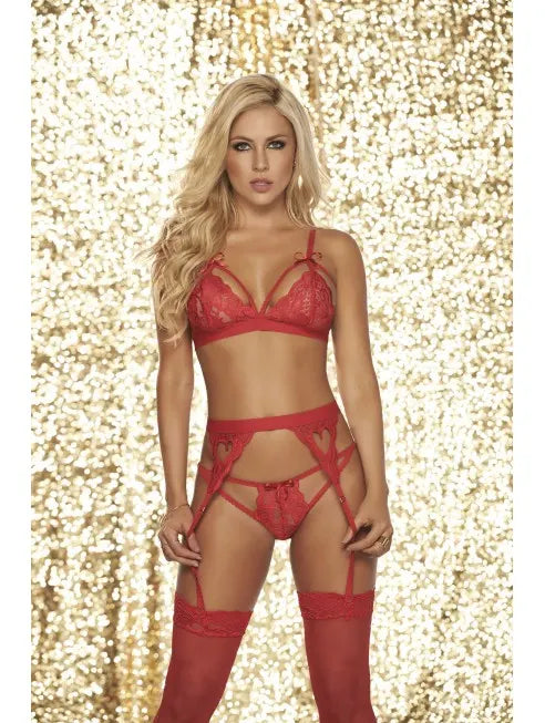 Ensemble 3 pièces (Soutien-gorge + String + Porte-jarretelle), Rouge