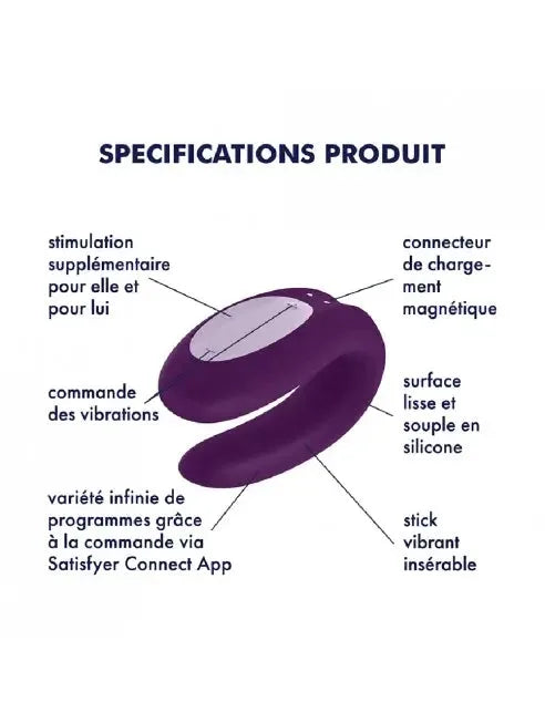 Vibromasseur en silicone violet, rechargeable et connecté, pour stimulation partagée, compatible Satisfyer Connect App.