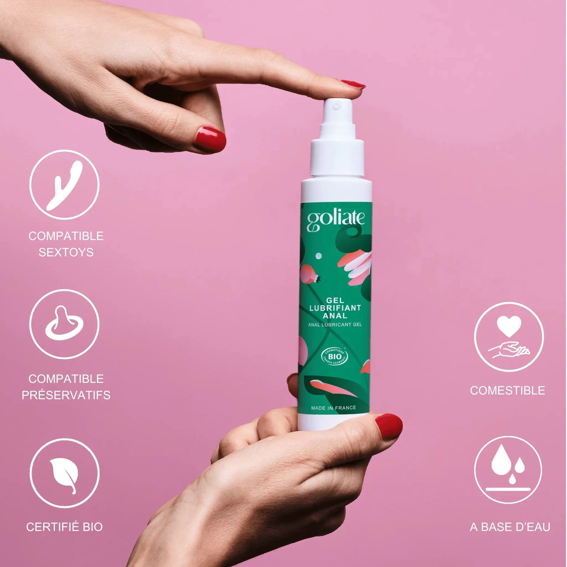 Gel lubrifiant anal bio, compatible sextoys et préservatifs, à base d'eau, comestible, fabriqué en France.