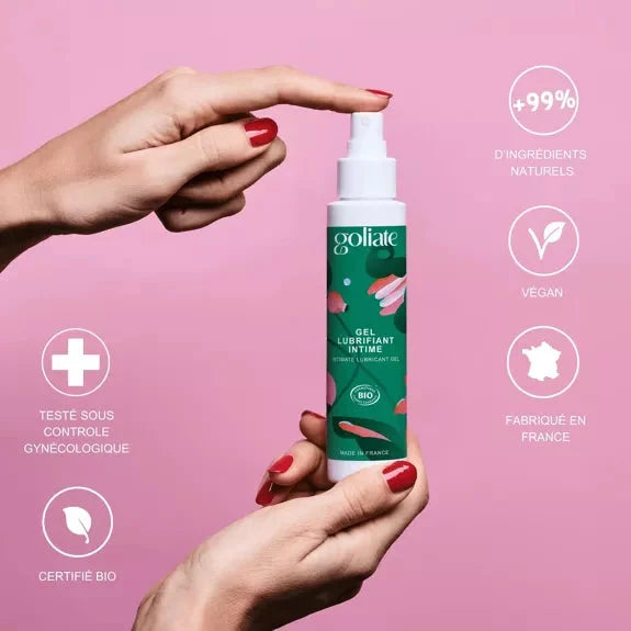 Gel lubrifiant intime bio végétalien, certifié, testé gynécologiquement, fabriqué en France, ingrédients naturels.