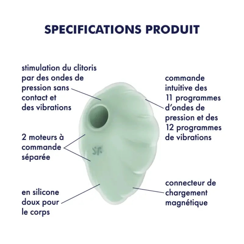 Stimulateur clitoridien en silicone mint, ondes de pression sans contact, 11 programmes vibrants, recharge magnétique.