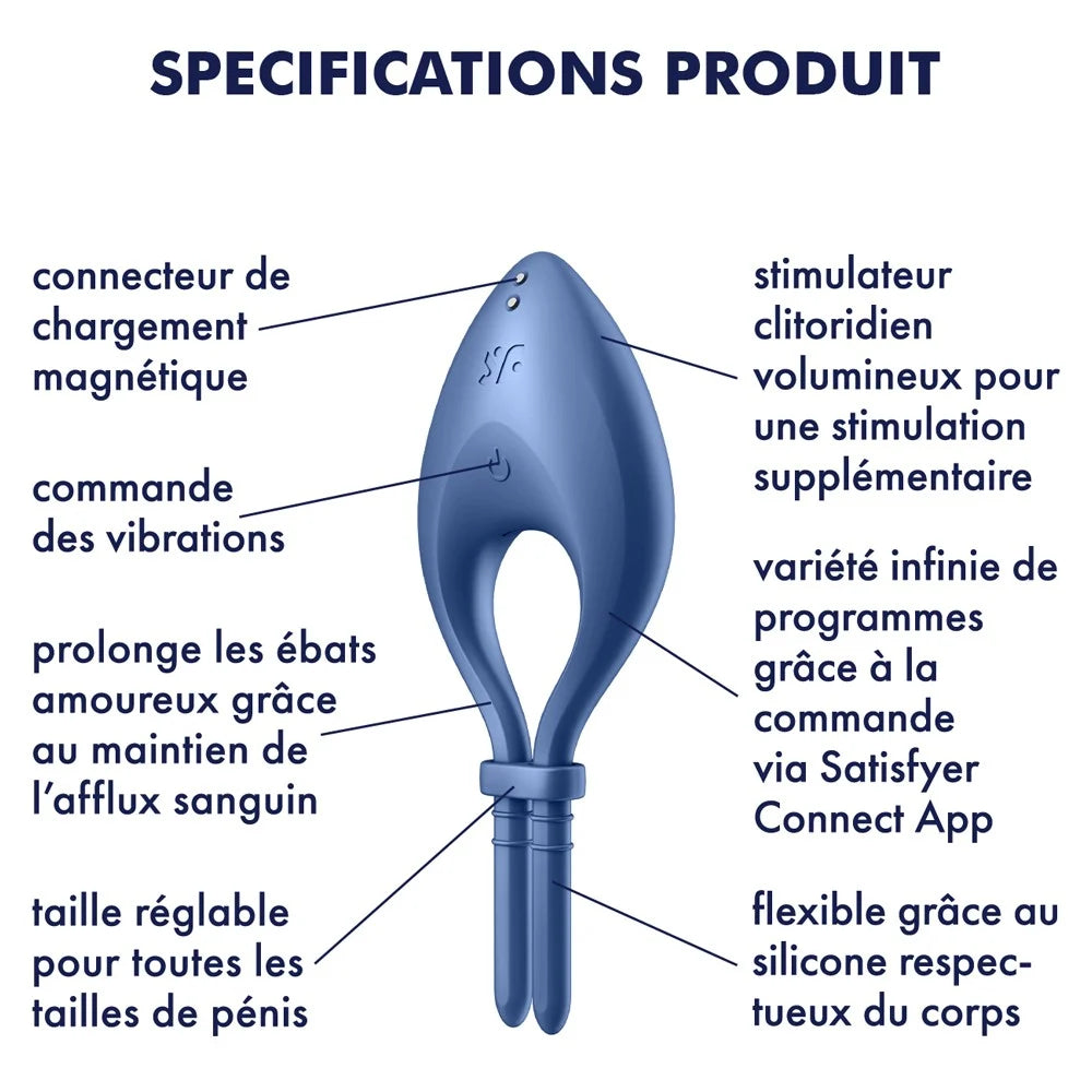 Cockring vibrant USB bleu avec stimulateur clitoridien et contrôle via Satisfyer Connect.