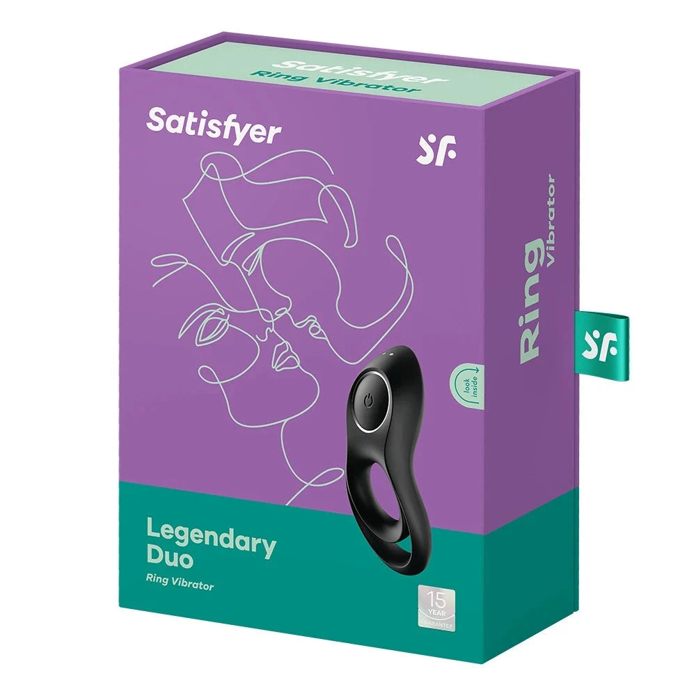 Anneau vibrant en silicone noir, rechargeable USB, Satisfyer Legendary Duo, pour plaisirs intimes partagés.