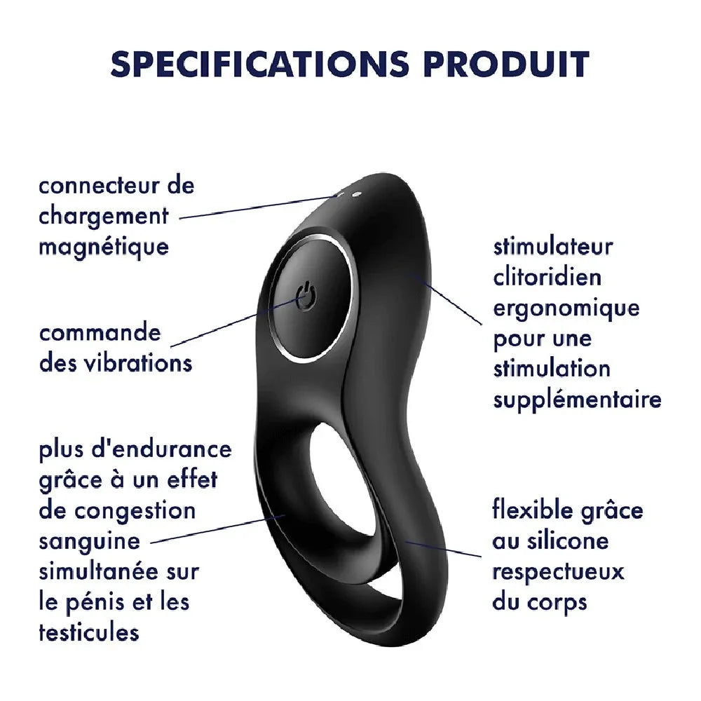 Anneau vibrant noir en silicone, flexible, avec stimulateur clitoridien ergonomique et charge magnétique pour un plaisir intense.