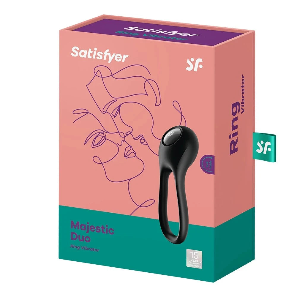 Cockring vibrant Majestic Duo noir, recharge USB, pour couples, plaisir intense et durable, design ergonomique.