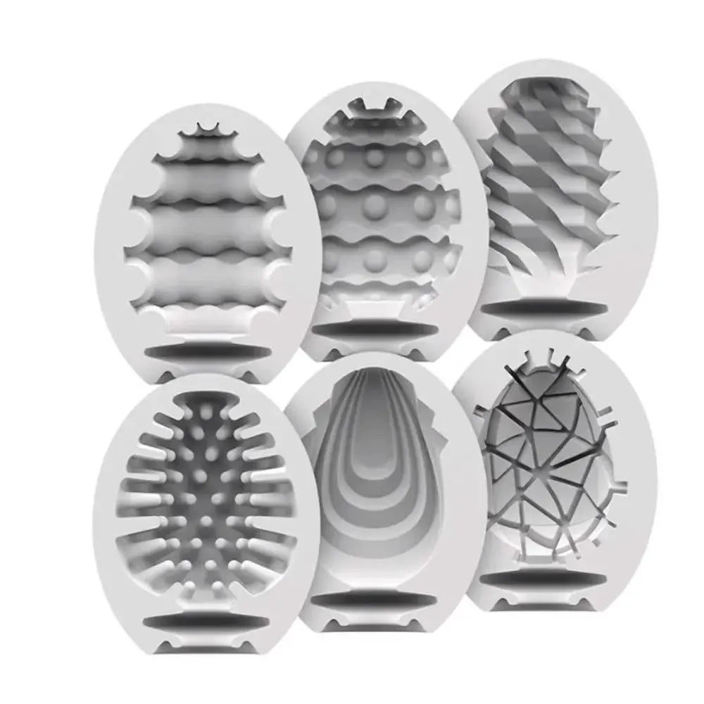 Coffret 6 œufs masturbateurs texturés en silicone, plaisir masculin personnalisé et sensations variées.