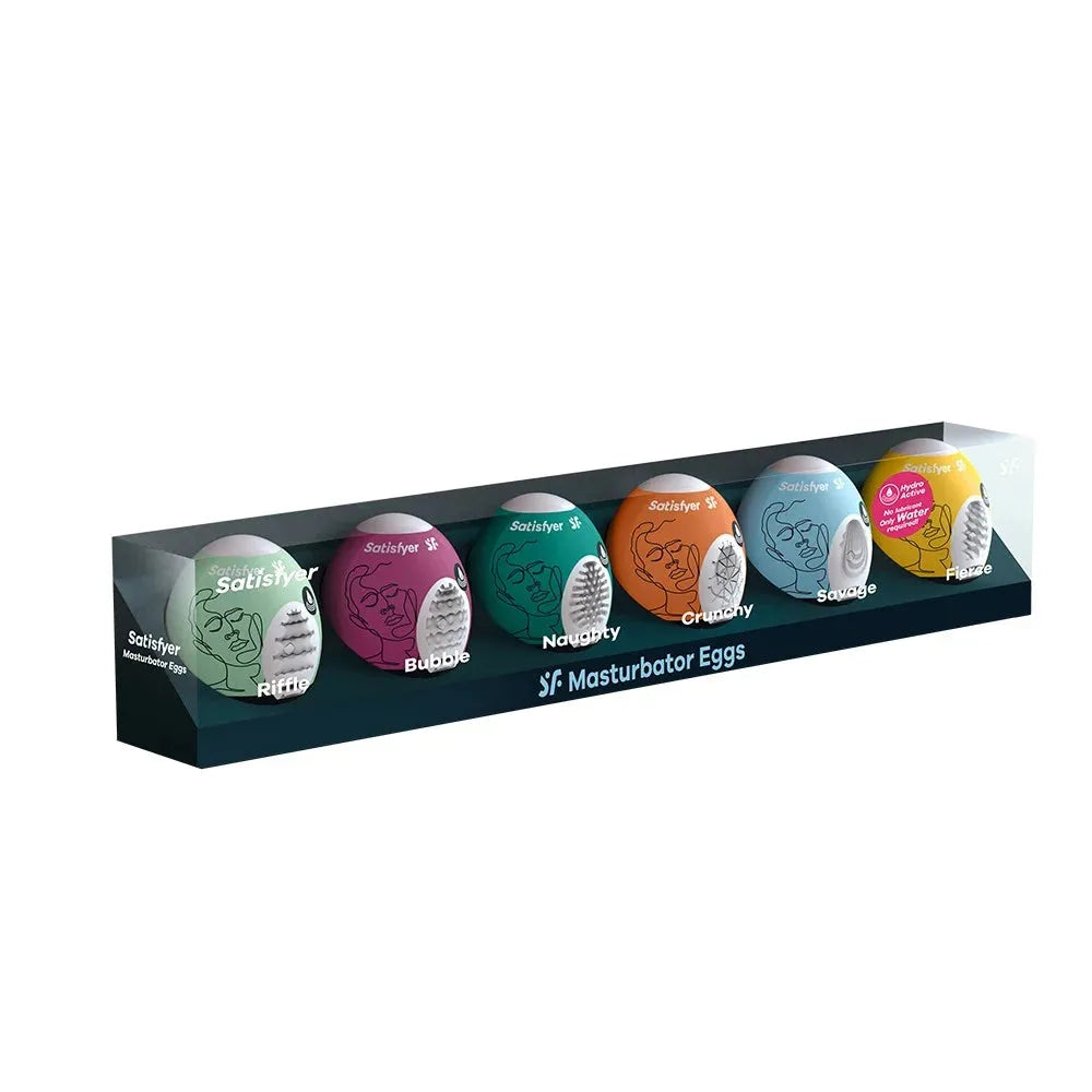 Coffret 6 œufs masturbateurs Satisfyer, textures variées, plaisir intime, silicone doux, expérience sensuelle unique.