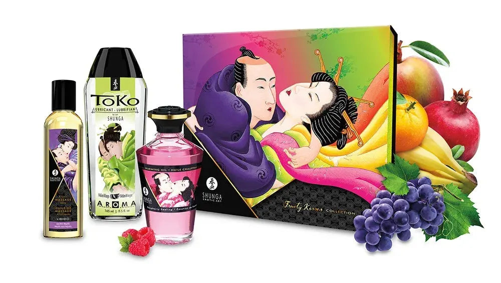 Coffret sensuel Shunga aux parfums fruités, huile de massage et lubrifiant exotique, pour moments intimes raffinés.
