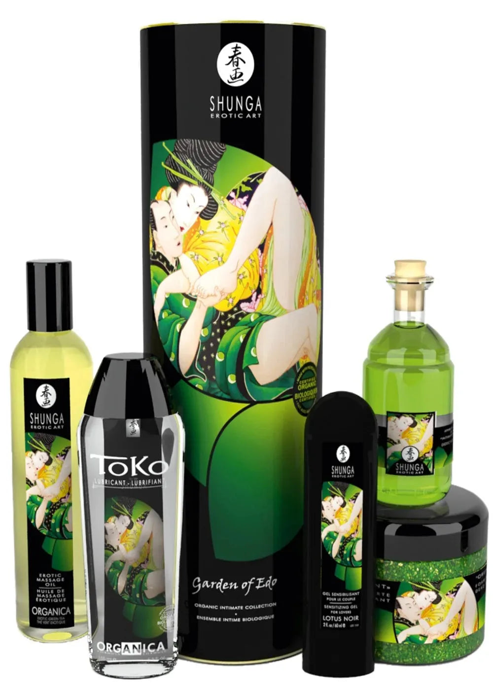 Coffret plaisir Shunga bio : huile massage, lubrifiant organique, sels de bain érotiques.
