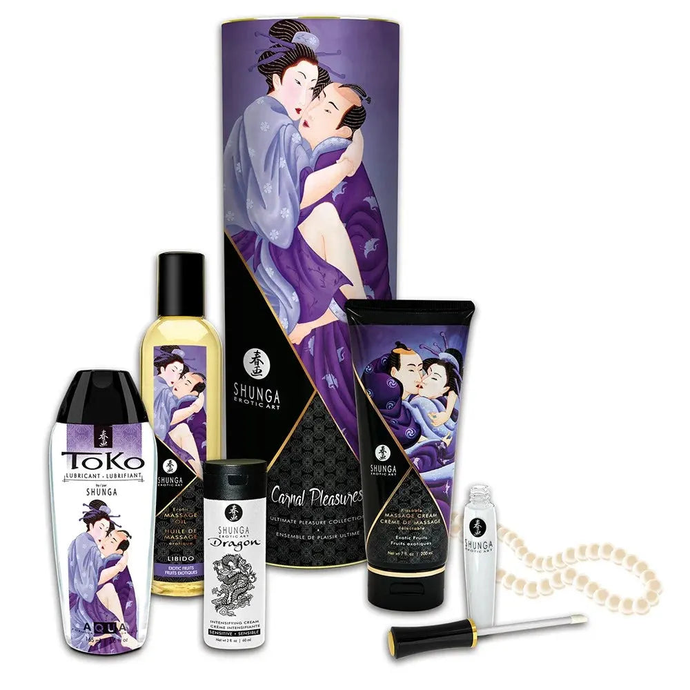Coffret Shunga Plaisirs Charnels, lubrifiant aquatique, crème de massage aphrodisiaque, perles intimes, huile sensuelle.