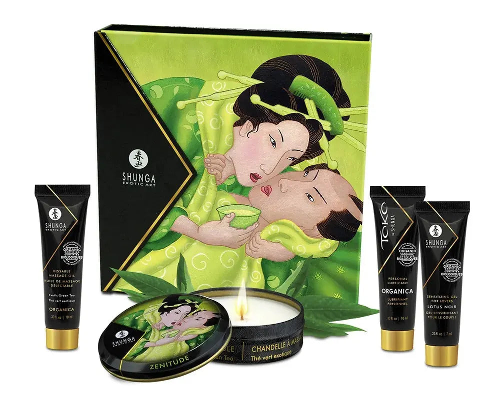 Coffret sensuel bio au thé vert avec huile de massage, lubrifiant et gel sensitif Shunga, évasion érotique raffinée.