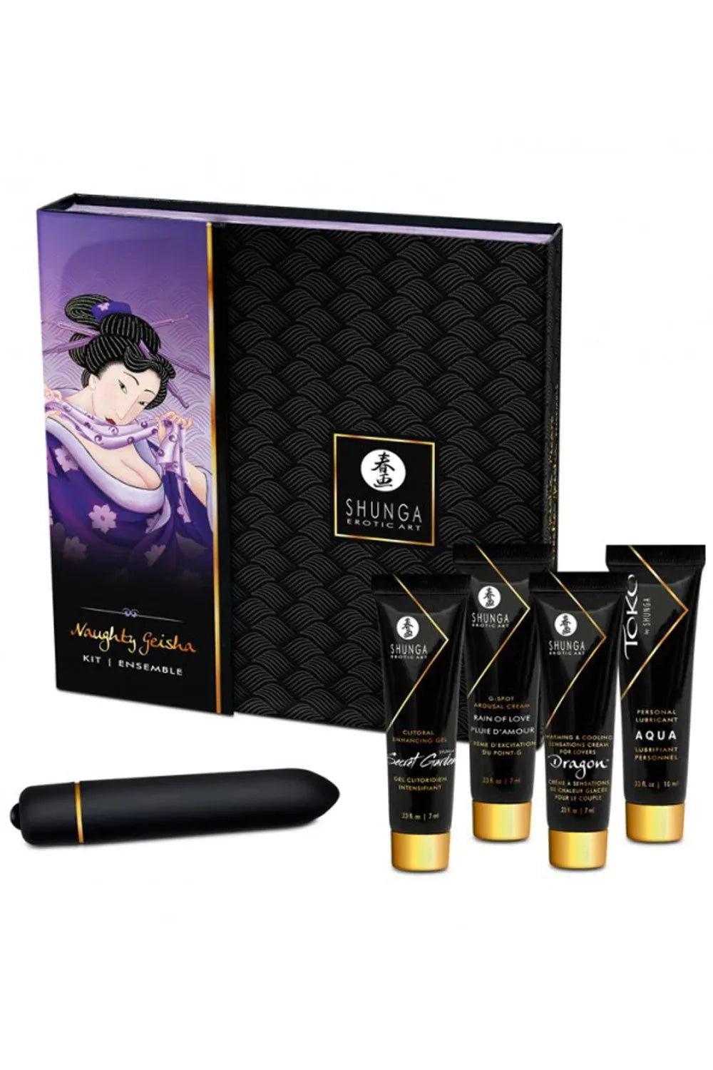 Coffret intime Shunga: gels stimulants, vibromasseur noir élégant, lubrifiant personnel, idéal pour moments sensuels.
