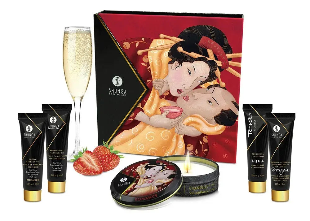 Coffret romantique Shunga pour massage érotique, huile aphrodisiaque et bougie parfumée. Parfait pour une soirée intime.