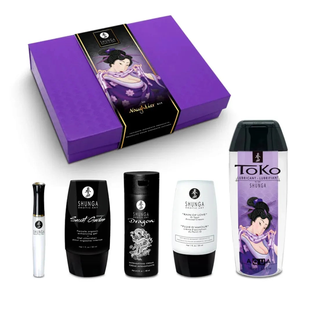 Coffret cadeau intime Shunga violet avec lubrifiants, gel orgasmique et crème stimulante pour moments sensuels.
