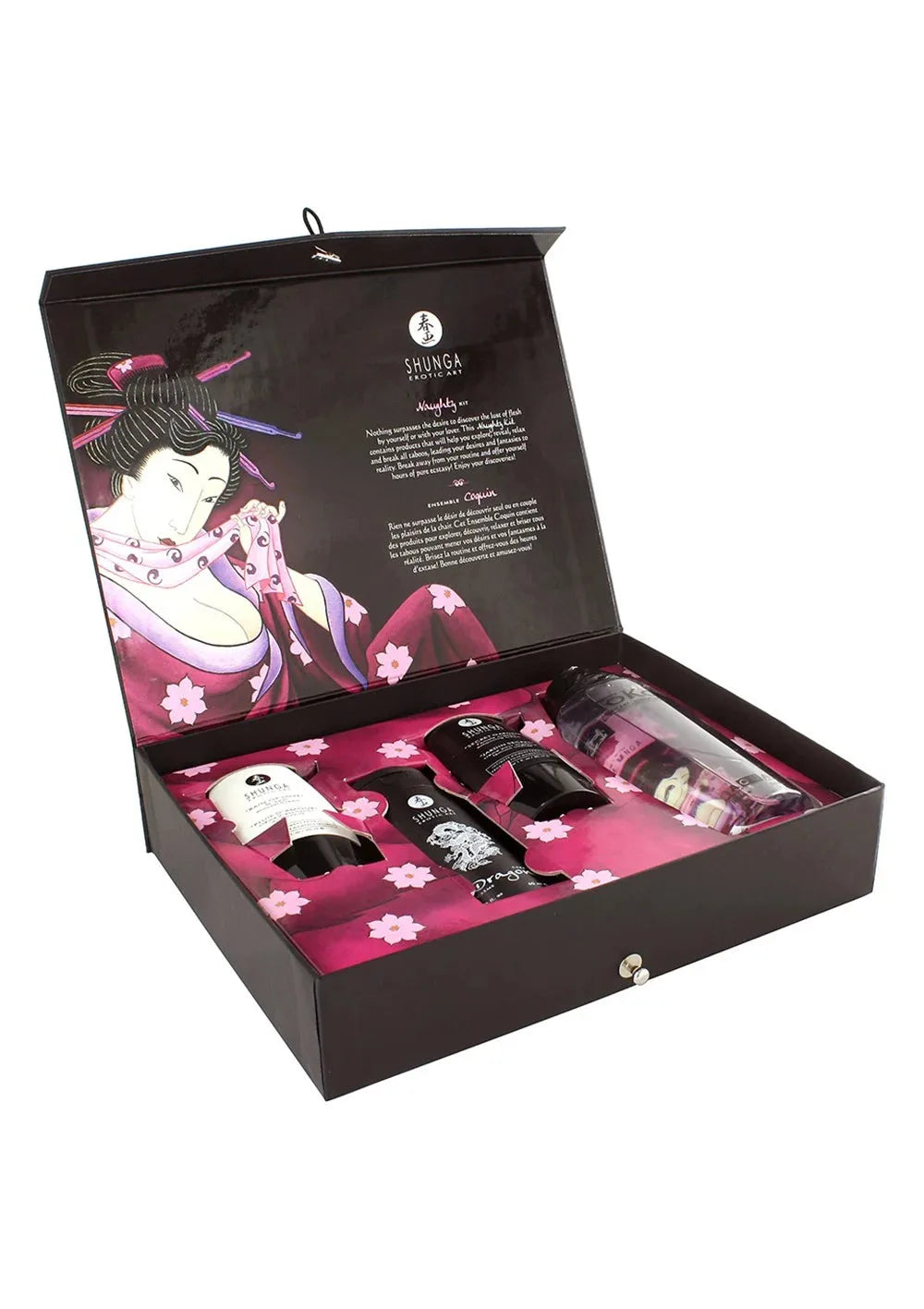Coffret Shunga érotique avec huile de massage sensuelle, crème de plaisir et lubrifiant intime, décor floral et élégant.