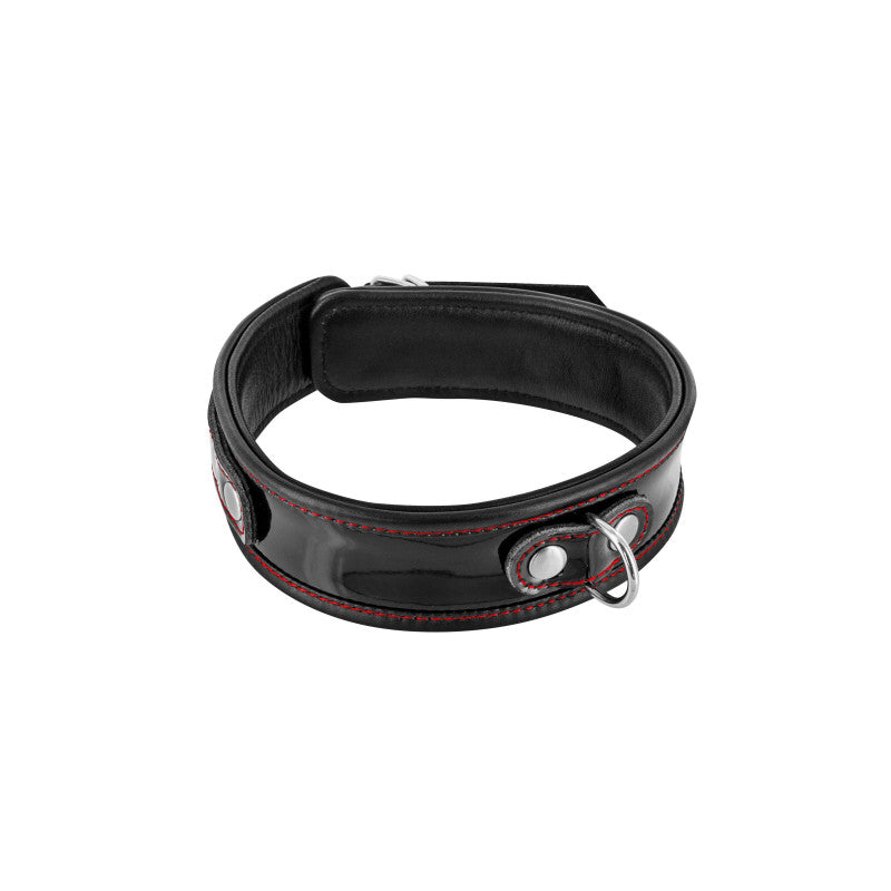 Collier BDSM cuir verni noir et surpiqûre rouge