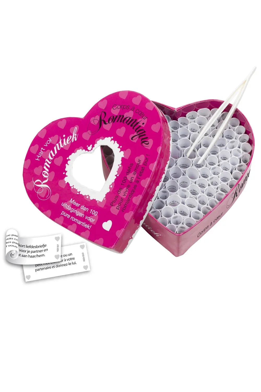 Coffret romantique en cœur avec 100 messages d'amour, idéal pour pimenter vos moments intimes en couple.