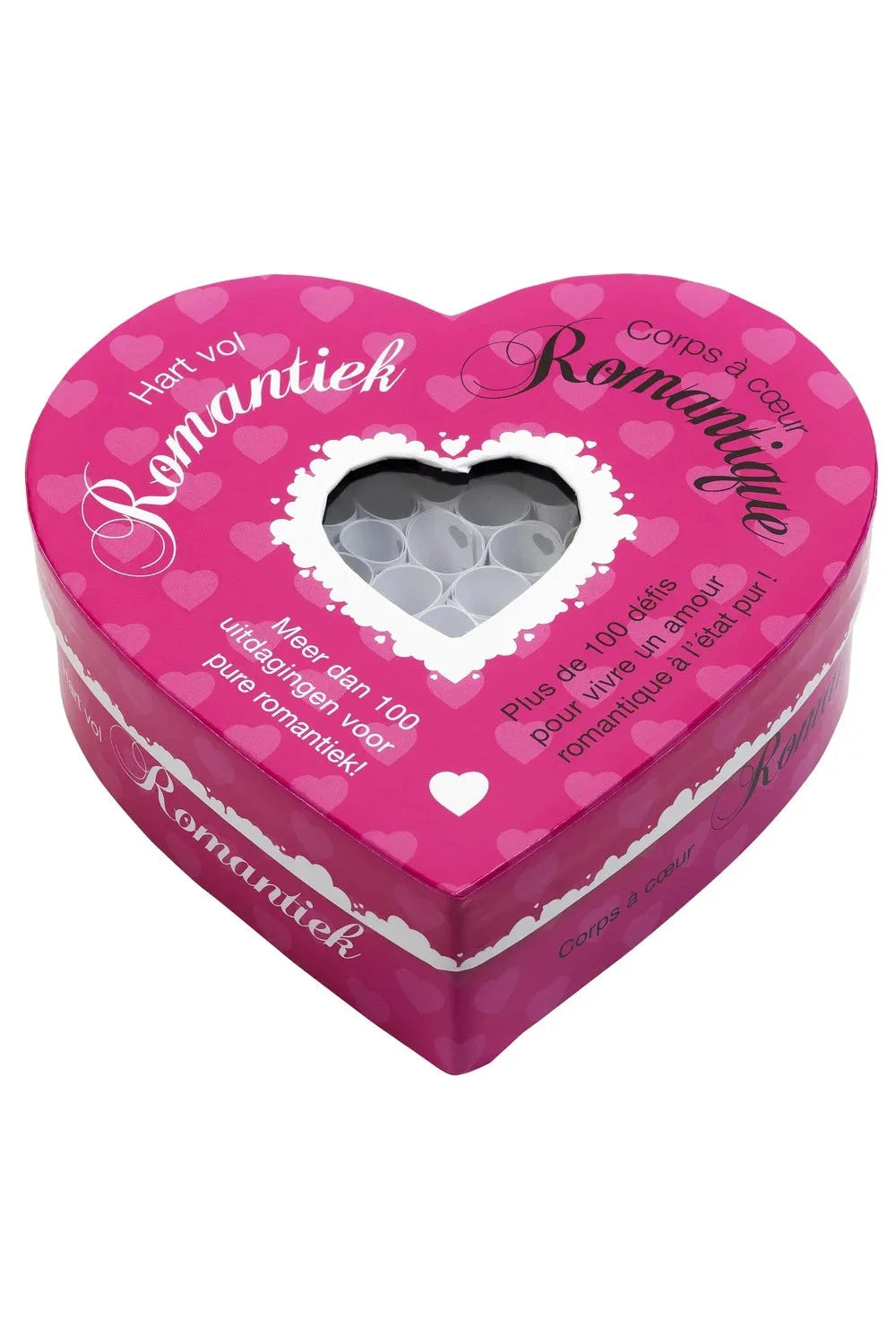 Boîte cœur romantique avec défis intimes pour couples, cadeau parfait pour soirées sensuelles et moments complices.