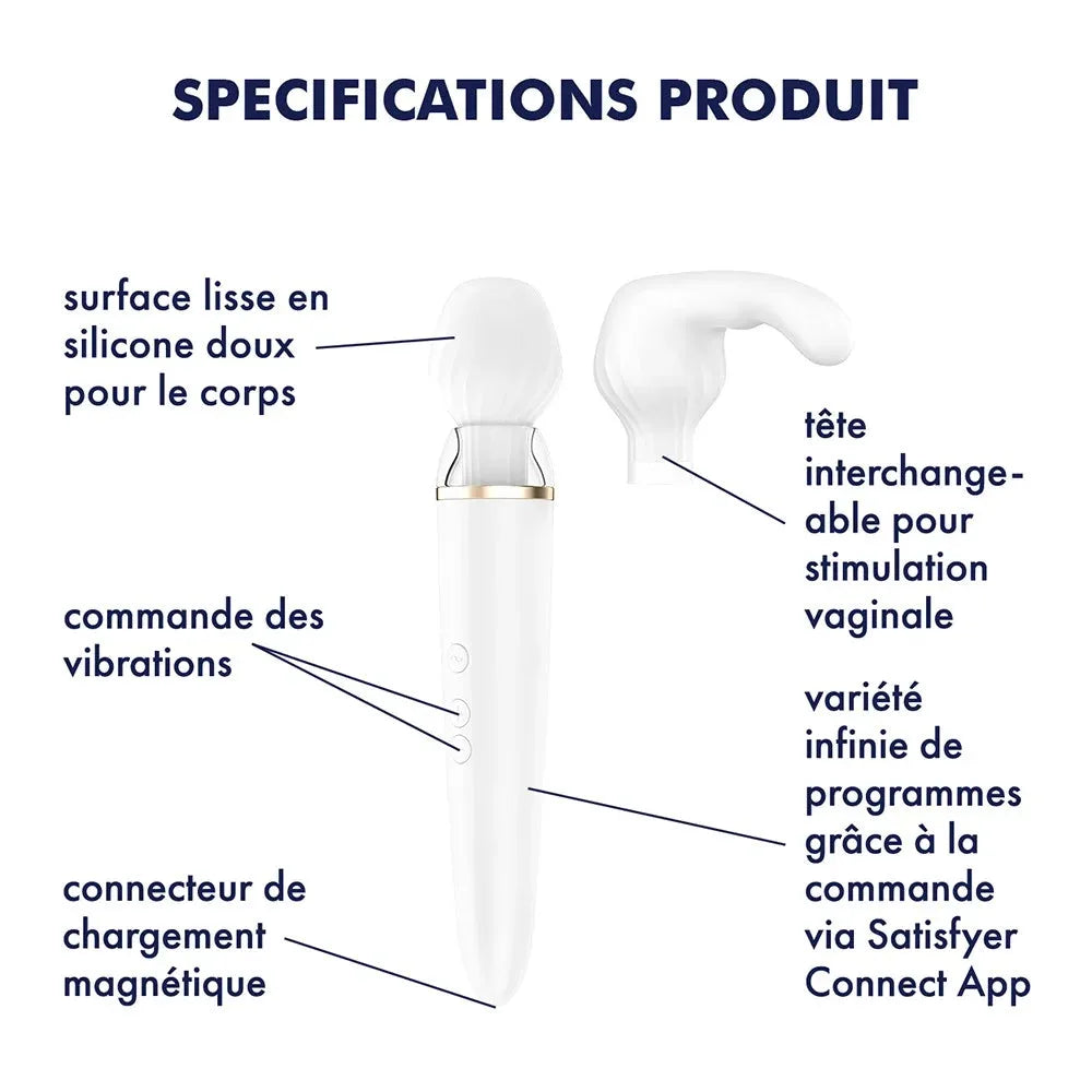 Baguette vibrante en silicone blanc avec tête interchangeable, connectée à l'appli Satisfyer pour stimulation personnalisée.